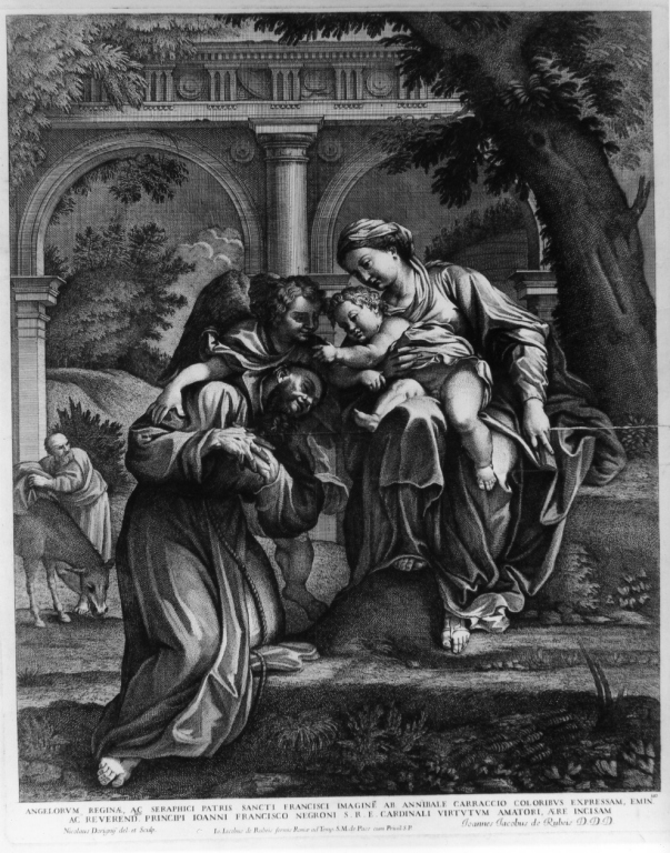 Angelorum Reginae ac seraphici patris sancti.., Madonna con Bambino con San Francesco d'Assisi e un angelo (stampa) di Dorigny Nicolas, Carracci Annibale (prima metà sec. XVIII)