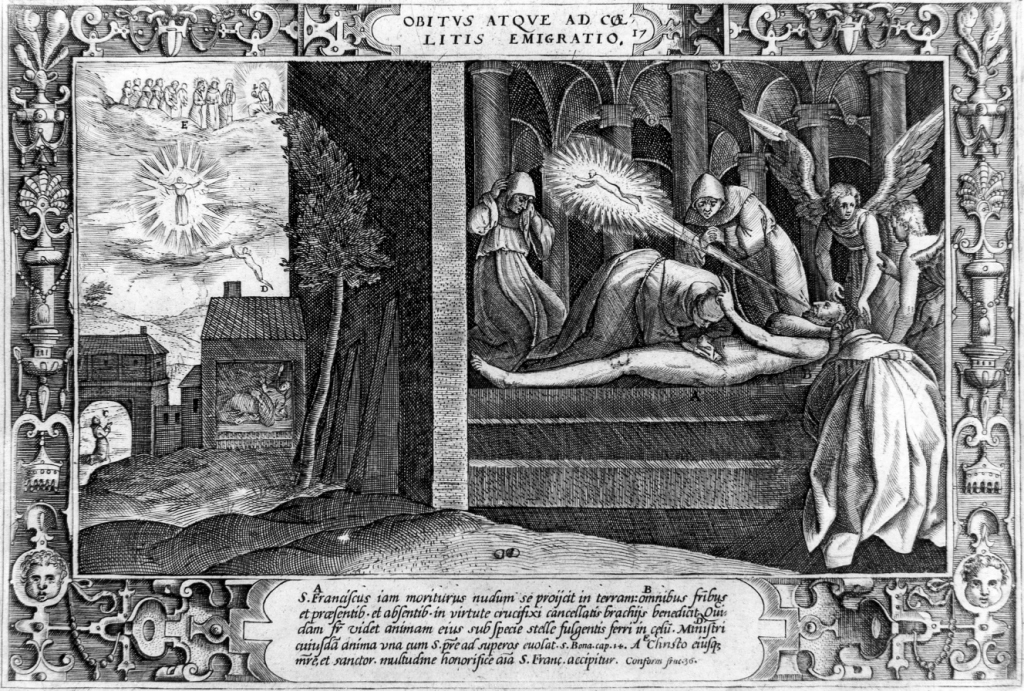 Obitus atque ad coaelitis emigratio, Morte di San Francesco d'Assisi (stampa) di Galle Philipp (sec. XVI)