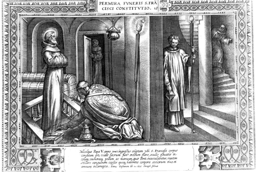 Permira funeris S.Francisci constitutio, Papa Nicolo V e il corpo di San Francesco (stampa) di Galle Philipp (sec. XVI)