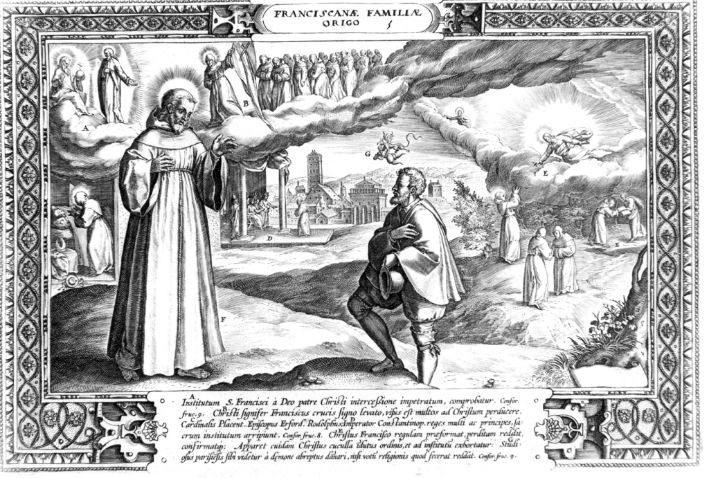 Franciscanae familiae origo, San Francesco d'Assisi davanti a Gesù Cristo (stampa) di Galle Philipp (sec. XVI)