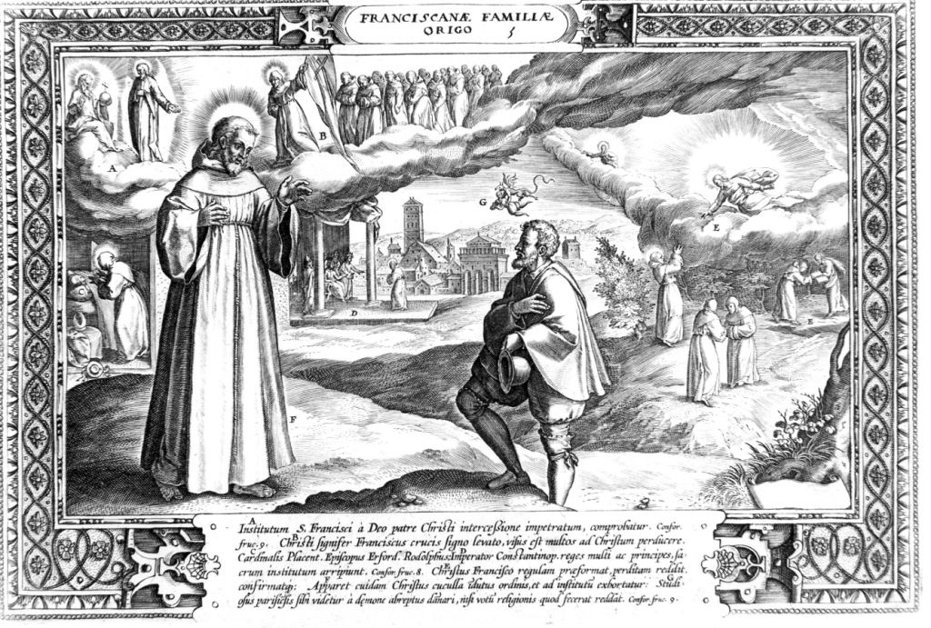 Franciscanae familiae origo, San Francesco d'Assisi davanti a Gesù Cristo (stampa) di Galle Philipp (sec. XVI)