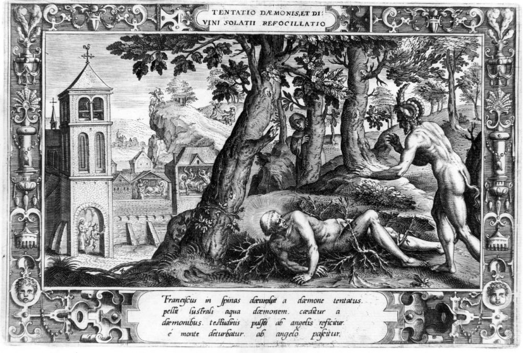 Tentatio daemonis et divini solatii refocillatio, San Francesco d'Assisi tentato dal demonio (stampa) di Galle Philipp (sec. XVI)