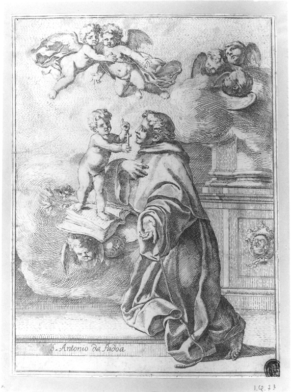 S. Antoine da Padoa (...), S. Antonio da Padova adora il Bambino (stampa) di Cantarini Simone detto Pesarese (attribuito) (sec. XVII)