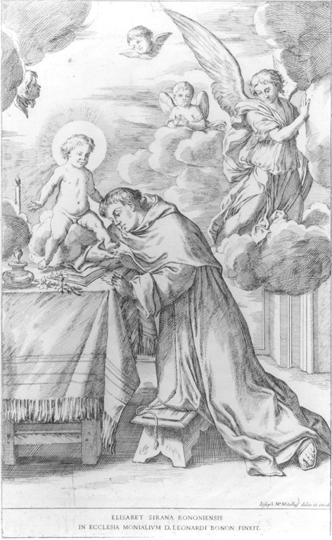 S. Antonio da Padova adora il Bambino (stampa) di Militelli Giuseppe Maria, Sirani Elisabetta (sec. XVII)