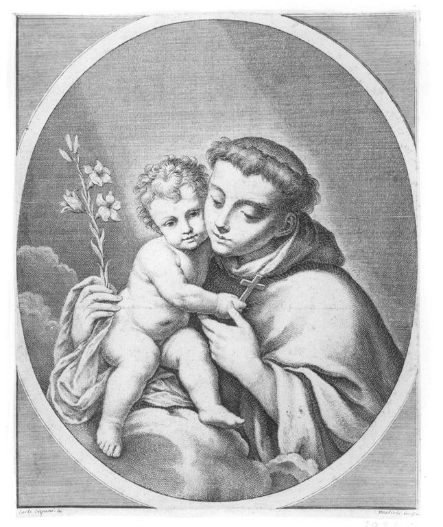 S. Antonio da Padova e il Bambino Gesù (stampa) di Mattioli Lodovico, Cignani Carlo (prima metà sec. XVIII)