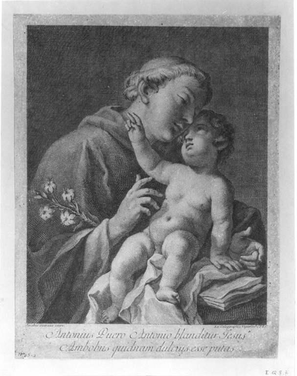 S. Antonio da Padova e il Bambino Gesù (stampa) di Wagner Giuseppe (scuola), Guarana Jacopo (sec. XVIII)