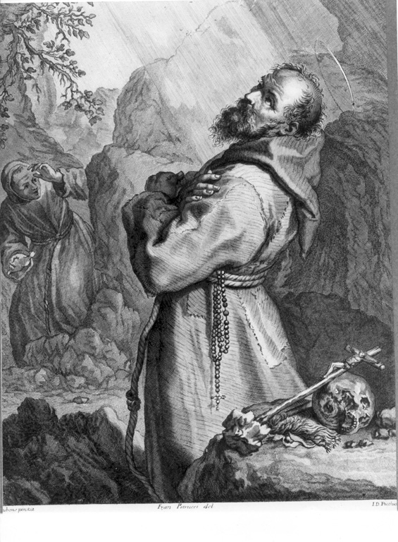 S. Francesco in preghiera (stampa) di Picchianti Giovanni Domenico, Rubens Pieter Paul, Petrucci Francesco (fine sec. XVII)