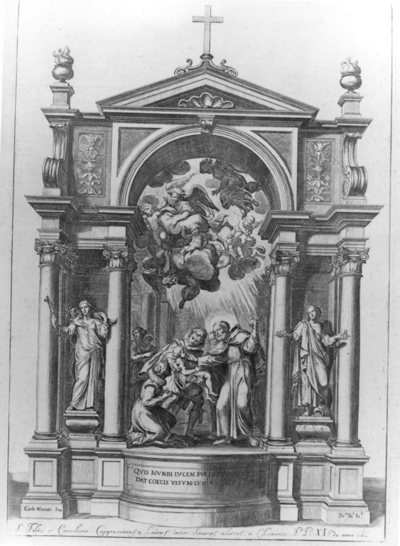 Quis mundi lucem foelicem (...), Altare raffigurante S. Felice da cantalice che guarisce un bambino cieco (stampa) di Maratta Carlo (sec. XVII)