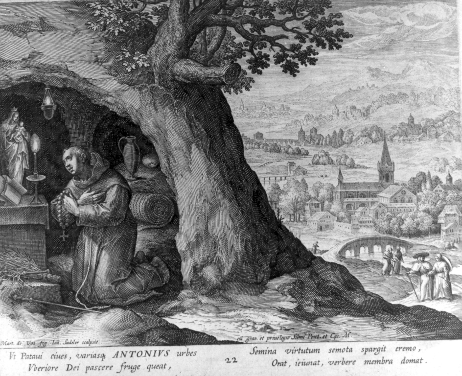 Ut patavi cives , variasq Antonius (...), S. Antonio da Padova in preghiera (stampa) di Sadeler Jan il Vecchio (seconda metà sec. XVI)