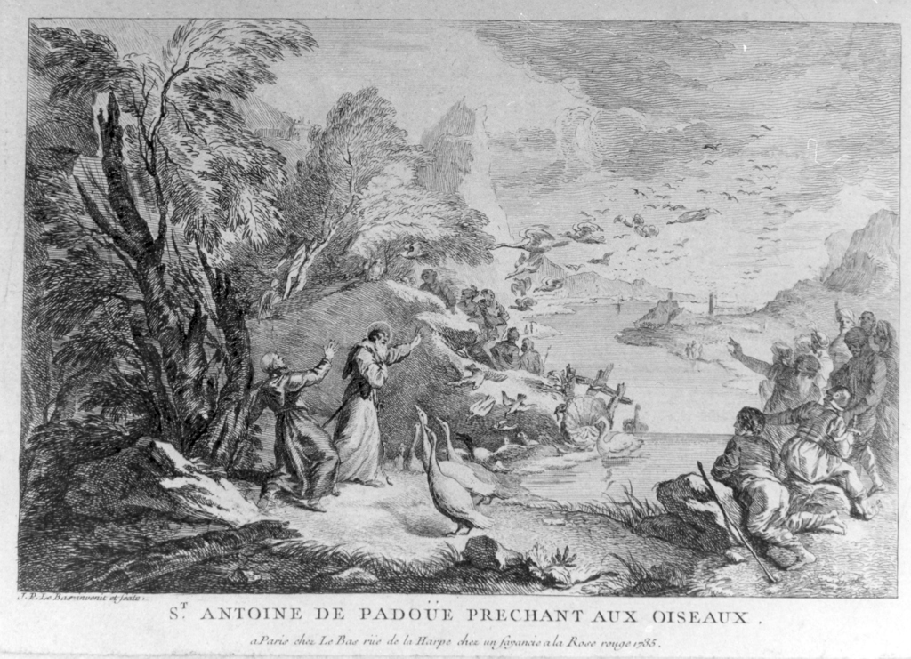 S.t Antoine de Padoue prechant aux oiseaux (...), S. Antonio da Padova predica agli uccelli (stampa) di Le Bas Jacques Philippe (sec. XVIII)