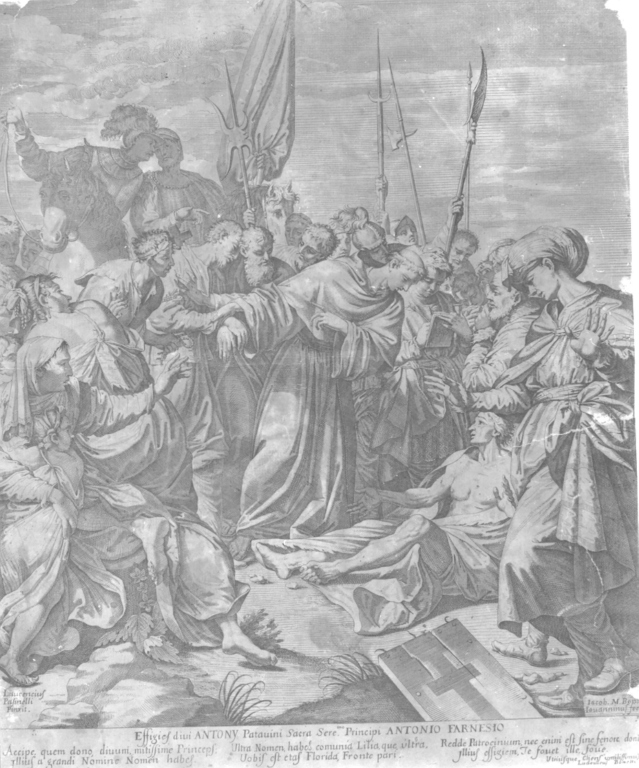 Effigies Divi Antony patavini (...), S. Antonio da Padova resuscita un morto (stampa) di Galle Cornelis il Vecchio (fine sec. XVIII)