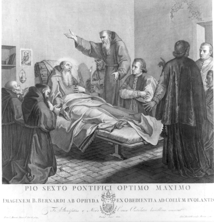 Immaginem B. Bernardi (...), Morte del Beato Bernardo da Offida (stampa) di Mochetti Alessandro (sec. XVIII)