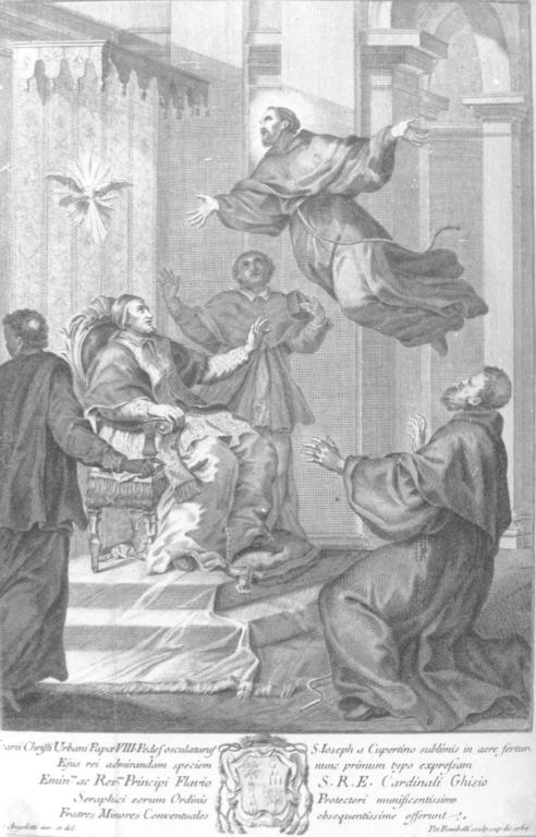 Miracolo di S. Giuseppe da Copertino davanti a Urbano VIII (stampa) di Bombelli Pietro Leone (sec. XVIII)