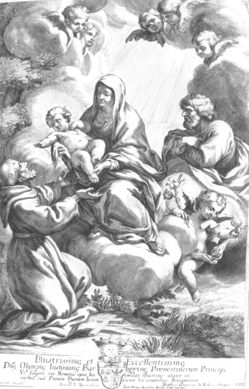 S. Francesco d'Assisi riceve Gesù Bambino dalla Madonna (stampa) di Van Westerhout Arnold (sec. XVII)