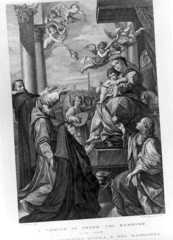 B. Vergine in trono (...), Madonna in trono con Bambino tra i SS. Antonio, Francesco, Monica e Maddalena (stampa) di Rosaspina Francesco (prima metà sec. XIX)