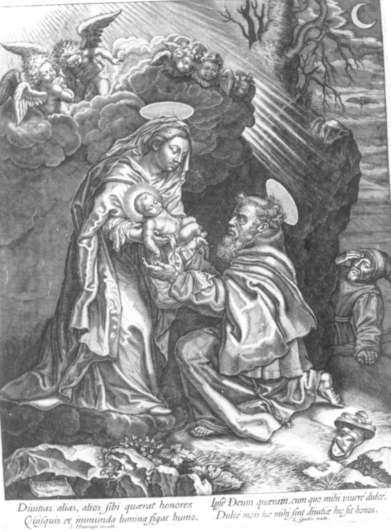 Divitias alias alios tibi quaerat (...), S. Francesco d'Assisi riceve Gesù Bambino dalla Madonna (stampa) di Gaultier Leonard, Rubens Pieter Paul (fine/inizio secc. XVI/ XVII)