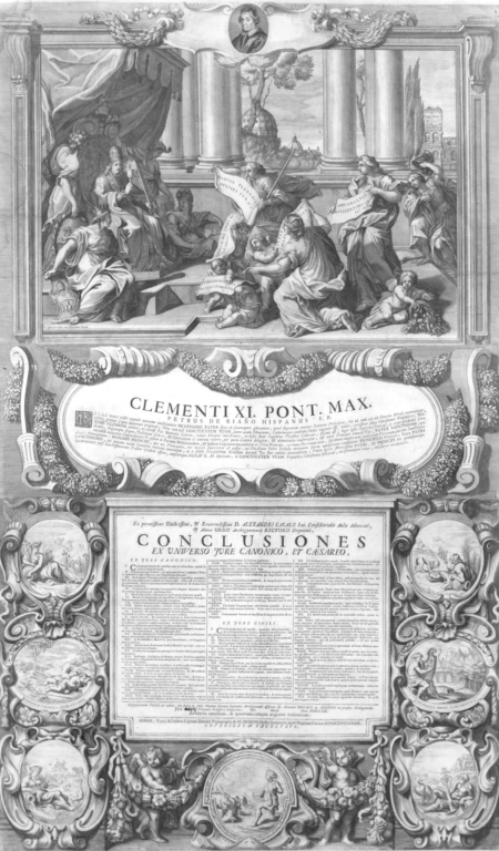 Conclusiones ex universo fure (...), Tesi con scena allegorica e Papa Clemente XI (stampa) di Pontius Paul (sec. XVIII)