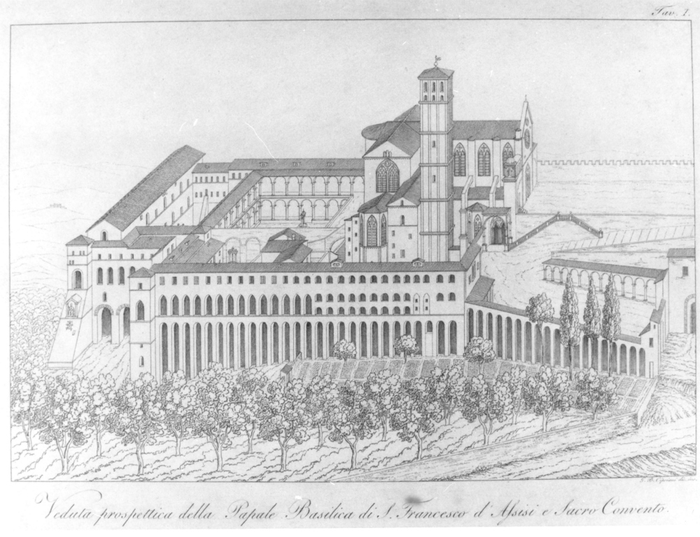 Veduta prospettica della Papale Basilica di S. Francesco d'Assisi e del Sacro Convento, Veduta della basilica e convento di Assisi (stampa) di Cipriani Giovanni Battista (primo quarto sec. XIX)