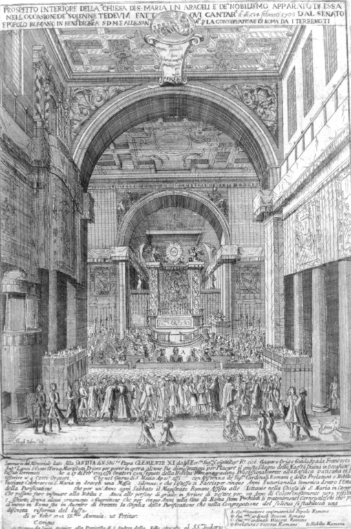 prospetto interiore della chiesa di Santa Maria in Aracoeli (...), Apparato effimero per il te deum nella chiesa di Santa Maria in Aracoeli (stampa) di Rubens Joseph (sec. XVIII)
