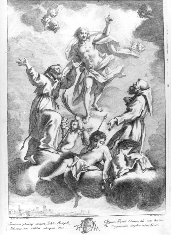 Sanctorum plansus meruere (...), Cristo in gloria tra i Santi Fedele e Giuseppe Cappuccini (stampa) di Perfetti Pietro, Peracchi Antonio Maria (metà sec. XVIII)