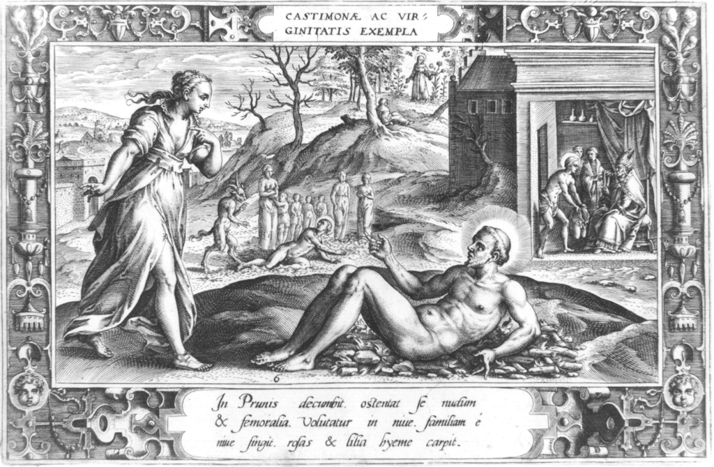 Castimonae ac vir: ginitatis exempla (...), S. Francesco d'Assisi sui carboni accesi (stampa) di Galle Philipp (sec. XVI)