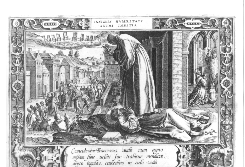 Insignis humilitati animi iuditia (...), S. Francesco d'Assisi calpestato da S. Bernardo (stampa) di Galle Philipp (sec. XVI)