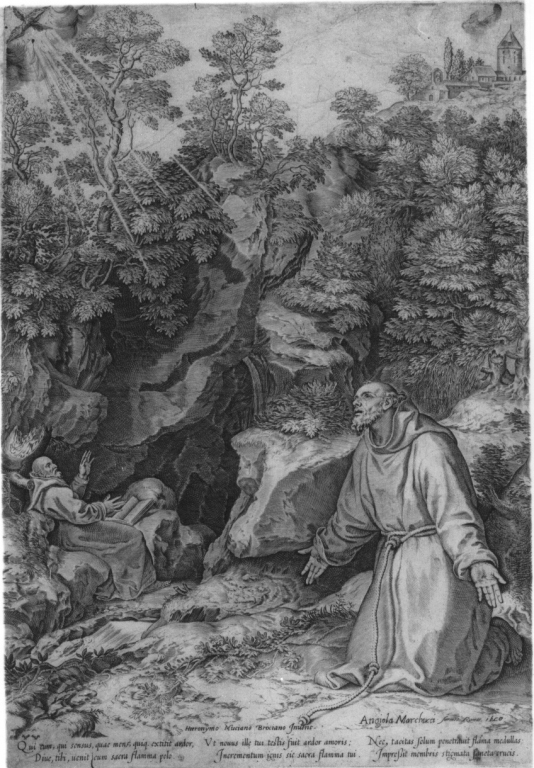 San Francesco d'Assisi riceve le stimmate (stampa) di Cock Hieronymus, Muziano Girolamo detto Girolamo da Brescia (metà sec. XVI)
