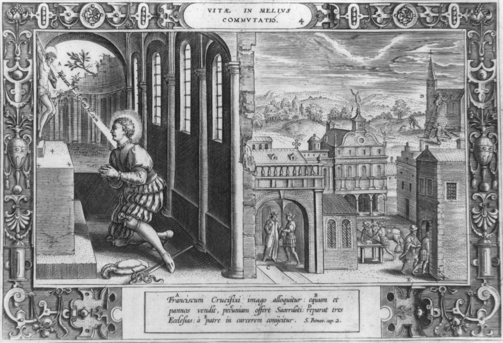 Il crocifisso parla a San Francesco d'Assisi (stampa) di Galle Philipp (sec. XVI)