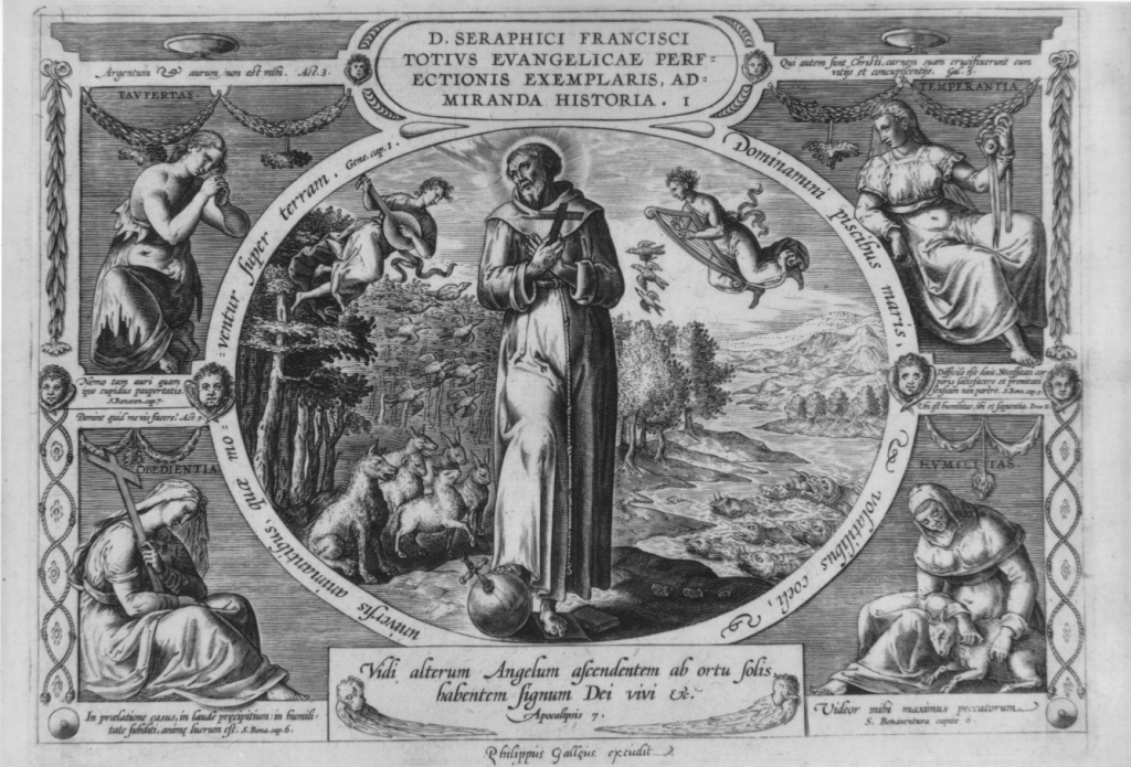 Visione apocalittica con San Francesco e Virtù francescane (stampa) di Galle Philipp (sec. XVI)