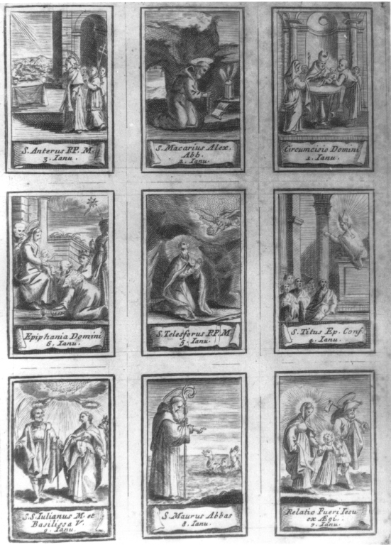 calendario liturgico con figure di Santi dal 1 al 9 gennaio (stampa smarginata) - ambito romano (seconda metà sec. XVII)