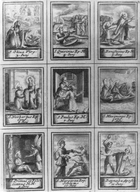 calendario liturgico con figure di Santi dal 3 all'11 giugno (stampa smarginata) - ambito romano (seconda metà sec. XVII)
