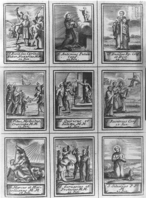 calendario liturgico con figure di Santi dal 12 al 20 giugno (stampa smarginata) - ambito romano (seconda metà sec. XVII)
