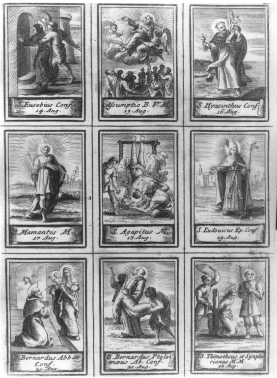 calendario liturgico con figure di Santi dal 14 al 22 agosto (stampa smarginata) - ambito romano (seconda metà sec. XVII)