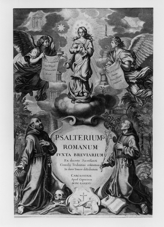 San Francesco d'Assisi e Sant'Antonio da Padova in adorazione della Vergine (stampa) di Picart Bernard (attribuito) (sec. XVII)