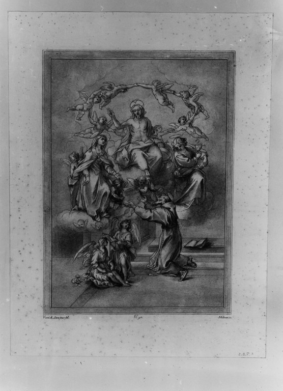visione di San Francesco d'Assisi alla Porziuncola (stampa) di Mulinari Stefano (attribuito), Vanni Francesco (attribuito) (sec. XVII)