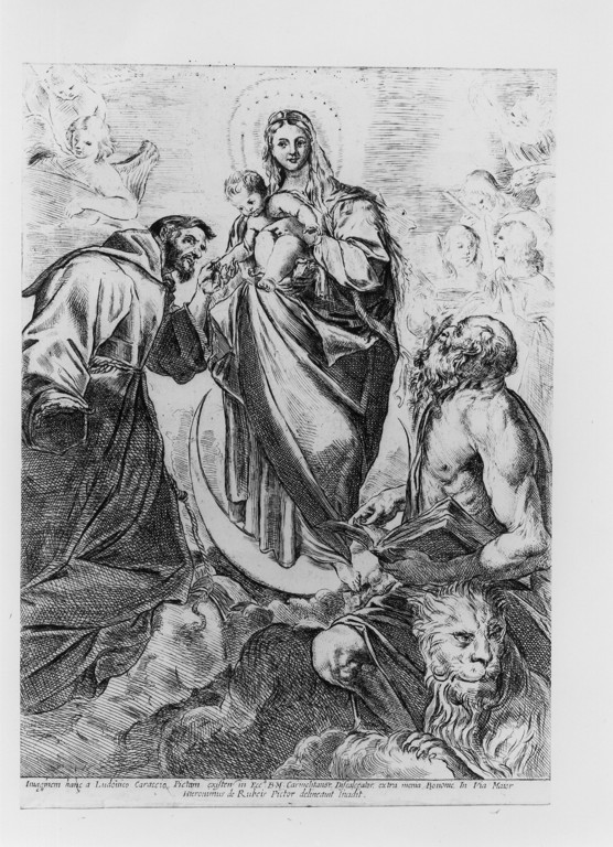 Madonna con Bambino tra San Francesco e San Girolamo (stampa) di Carracci Ludovico (attribuito), De Rossi Girolamo (attribuito) (sec. XVII)