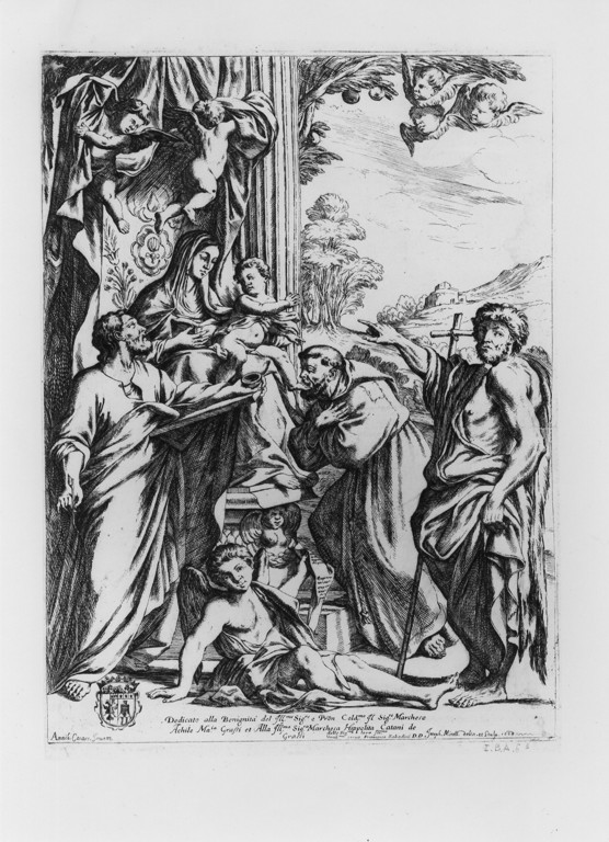 Madonna con Bambino e Santi (stampa) di Carracci Annibale (attribuito), Mitelli Giuseppe Maria (attribuito) (sec. XVII)