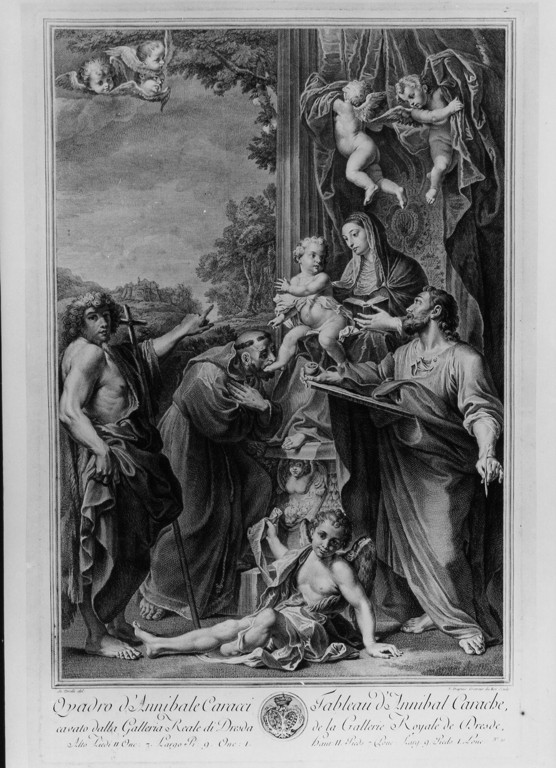 Madonna con Bambino e Santi (stampa) di Carracci Annibale (attribuito), Torelli Stefano (attribuito), Dupuis Nicolas Gabriel (attribuito) (sec. XVIII)