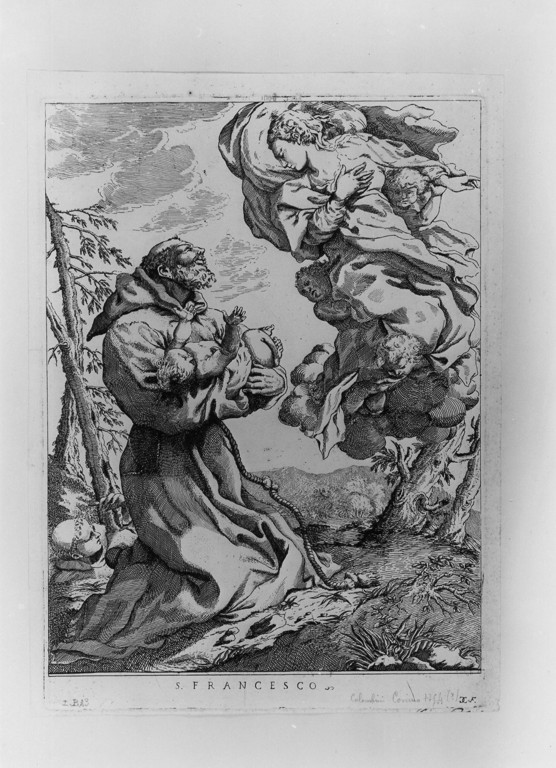 San Francesco d'Assisi riceve il Bambino dalla Madonna (stampa) di Colombini Cosimo (attribuito) (sec. XVIII)