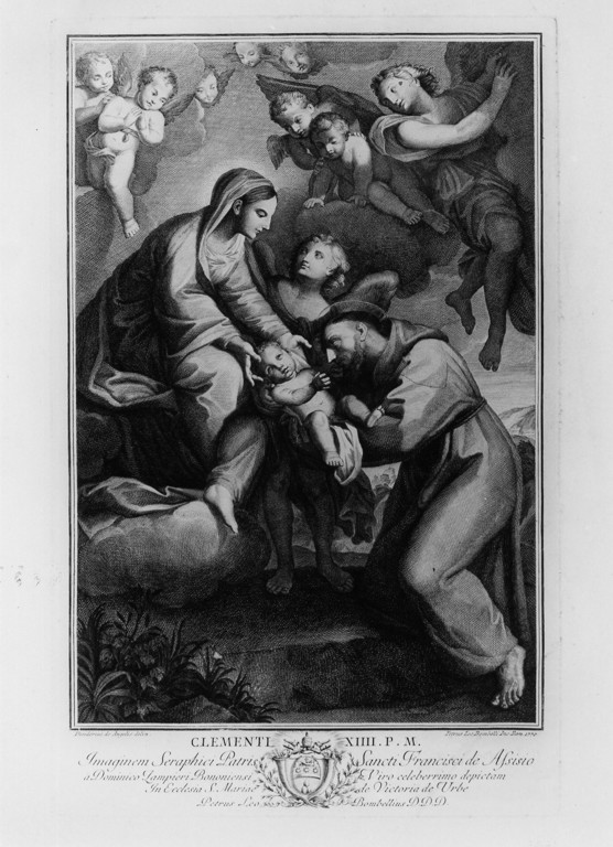 San Francesco d'Assisi riceve il Bambino dalla Madonna (stampa) di De Angelis Desiderio (attribuito), Bombelli Pietro Leone (attribuito) (sec. XVIII)