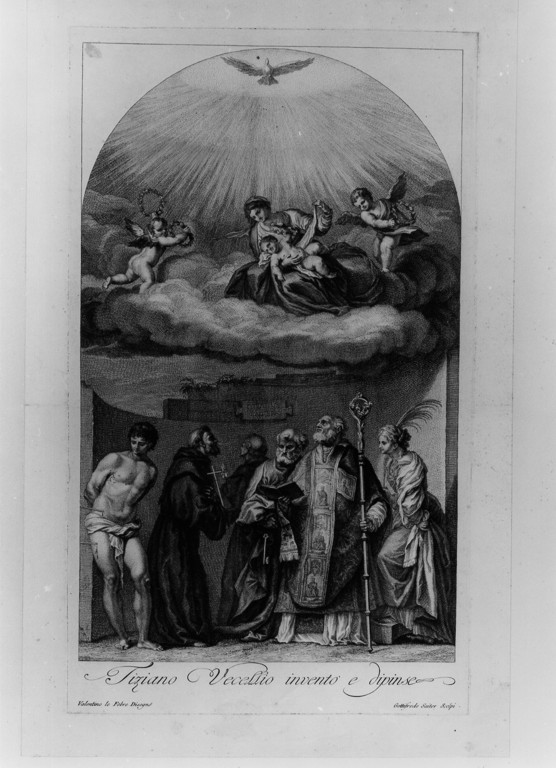 Madonna con Bambino in gloria (stampa) di Lefebvre Valentin (attribuito), Vecellio Tiziano (attribuito), Saiter Gottifredo (attribuito) (sec. XIX)