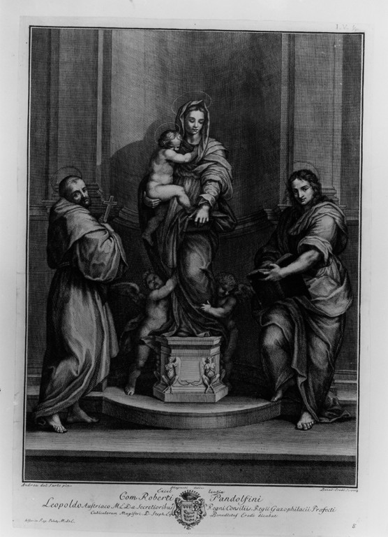 Madonna in trono e Santi (stampa) di Andrea d'Agnolo detto Andrea del Sarto (attribuito), Allegranti Ranieri (attribuito), Credi Benedetto (attribuito) (sec. XVIII)