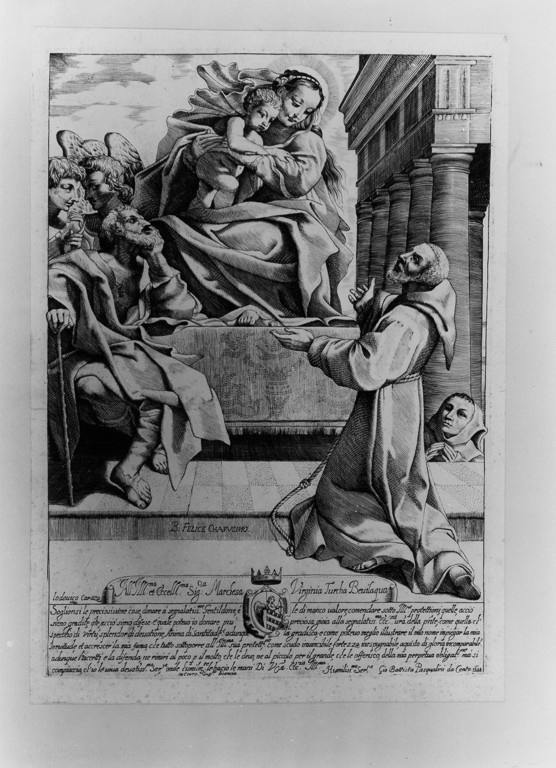 Sacra Famiglia con San Felice da Cantalice (stampa) di Carracci Ludovico (attribuito), Pasqualini Giovanni Battista (attribuito) (sec. XVII)