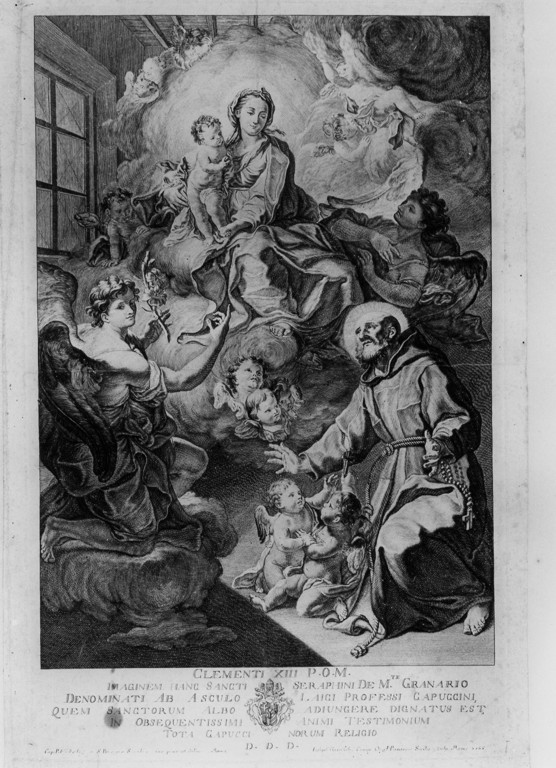 San Serafino da Montegranario in adorazione della Vergine (stampa) di Tirrito Fedele detto Fedele da San Biagio (attribuito), Garofalo Giuseppe (attribuito) (sec. XVIII)