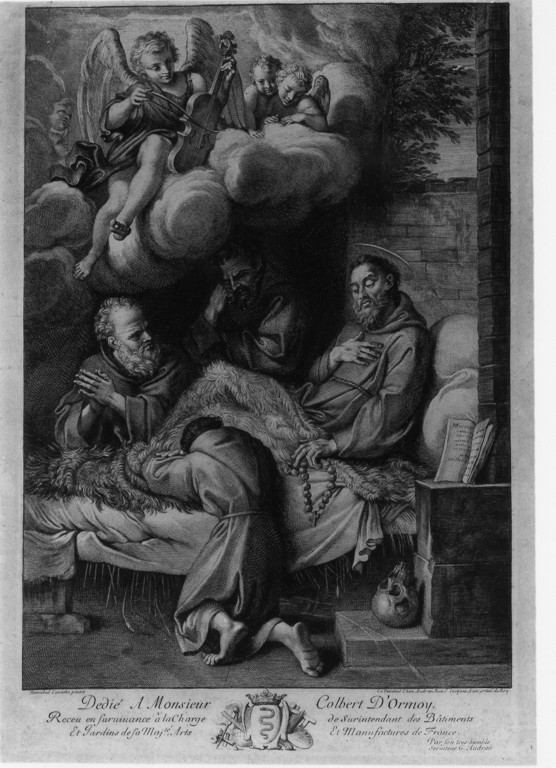San Francesco d'Assisi morente ha la visione dell'angelo che suona il violino (stampa) di Carracci Annibale (attribuito), Audran Gérard (attribuito) (fine sec. XVII)