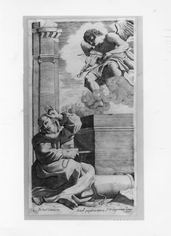 San Francesco d'Assisi morente ha la visione dell'angelo che suona il violino (stampa) di Pasqualini Giovanni Battista (attribuito), Barbieri Giovan Francesco detto Guercino (attribuito) (sec. XVII)