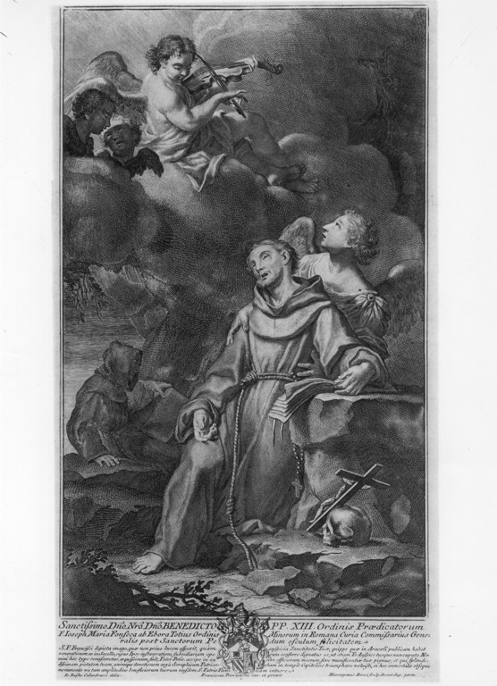 San Francesco d'Assisi morente ha la visione dell'angelo che suona il violino (stampa) di Trevisani Francesco (attribuito), Calandrucci Giovanni (attribuito), Rossi Girolamo (attribuito) (inizio sec. XVIII)