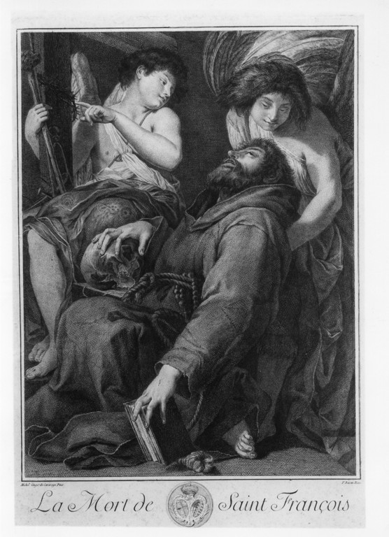 estasi di San Francesco d'Assisi (stampa) di Basan Pierre François (attribuito), Merisi Michelangelo detto Caravaggio (attribuito) (sec. XVIII)