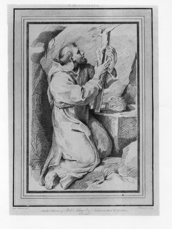 San Francesco d'Assisi in preghiera davanti alla croce (stampa) di Ryland William Wynne (attribuito), Balestra Antonio (attribuito) (sec. XVIII)