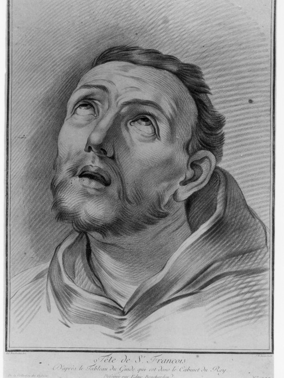 San Francesco d'Assisi (stampa) di Lucien Jean Baptiste (attribuito), Reni Guido (attribuito), Bouchardon Edme (attribuito) (sec. XVIII)
